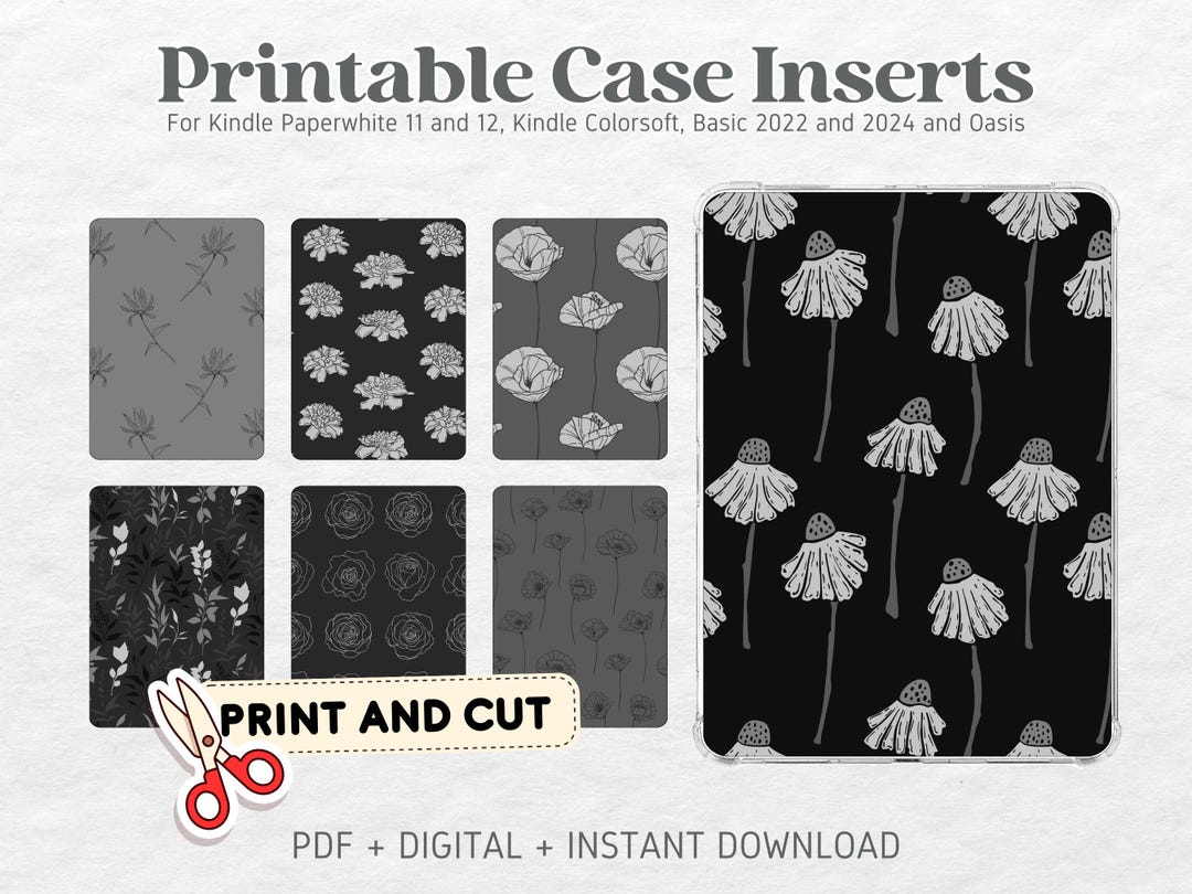 Kindle Printable Cardstock Clear Case Inserts | Charcoal Floral ...