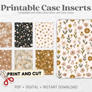 以下が含まれることがあります： Kobo Libra ColourとClara Colour電子書籍リーダー用の印刷可能なケースインサート。インサートには、茶色、白、ベージュのさまざまな花柄が施されています。