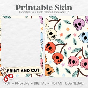 Kindle Colorsoft Paperwhite 12 Skin Decal Case Inserts | Pastel Cherry Skulls | Printable Skin | CYFROWE POBIERANIE PNG