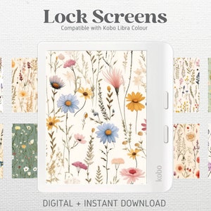 以下が含まれることがあります： 青、黄、ピンク、緑など、さまざまな色で花柄が描かれた、8つのデジタルロック画面デザインのセットです。これらのデザインは、Kobo Libra Colour電子書籍リーダーと互換性があります。画像の上部には「Lock Screens」と「Compatible with Kobo Libra Colour」のテキストが表示されています。画像の下部には「DIGITAL + INSTANT DOWNLOAD」のテキストが表示されています。