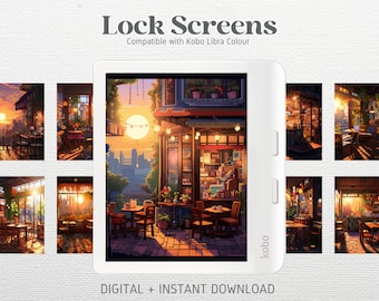 12 Lock Screens for Kobo Libra Colour Kobo Clara Colour Screensavers | Pixel Cafe vol 1 Bundle | Kobo Wallpapers | Digital Download