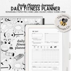 Op de afbeelding: Een digitale dagelijkse fitnessplanner journal met een witte achtergrond. De planner bevat secties voor dagelijkse doelen, takenlijsten en het volgen van oefeningen. De afbeelding bevat ook een decoratief logo met een bij.
