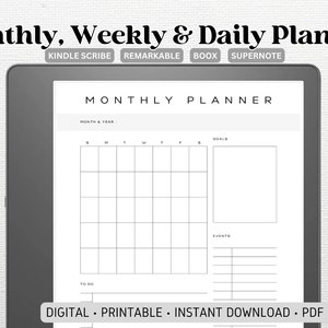Peut inclure: Un planificateur mensuel numérique noir et blanc affiché sur l'écran d'une tablette. Le planificateur comprend une grille de calendrier, une section pour les objectifs, une section pour les événements et une liste de tâches à faire. Le texte "MONTHLY PLANNER" est en haut de l'écran. Le texte "KINDLE SCRIBE REMARKABLE BOOX SUPERNOTE" est en haut de l'écran. Le texte "DIGITAL PRINTABLE INSTANT DOWNLOAD PDF" est en bas de l'écran.