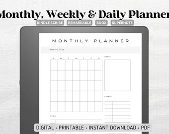 Monthly, Weekly and Daily Planner | Compatible w/ Kindle Scribe, Remarkable, Boox, Supernote | Undated | To Do List | Digital Download | PDF