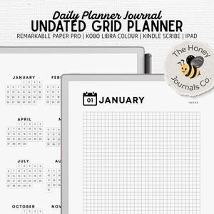 Könnte beinhalten: Ein undatiertes Rasterplaner-Journal mit dem Text "Daily Planner Journal" und "Undated Grid Planner". Das Journal enthält ein Kalenderlayout und eine Rasterseite. Das Logo The Honey Journals Co. ist sichtbar.