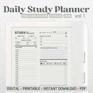May include: A black and white digital daily study planner with a time table, space for subjects to study, and a section for topics or chapters for the day. The planner is designed for use with e-readers like the Kobo Libra Colour, Elipsa 2E, and Sage.