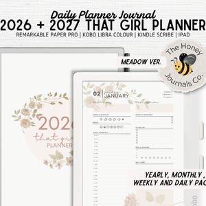 Puede incluir: Un diario planificador diario digital para 2026 y 2027 titulado That Girl Planner, Meadow Ver. La interfaz muestra un horario diario del 2 de enero, iconos meteorológicos, rastreador de estado de ánimo, lista de tareas y registro de comidas.