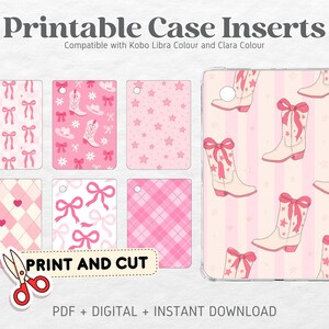 以下が含まれることがあります： Kobo Libra Colour および Clara Colour 用の印刷可能なケースインサート。画像には、リボン、星、カウボーイブーツ、チェック柄など、さまざまなピンク色のデザインが表示されています。「Print and Cut」というテキストも表示されています。