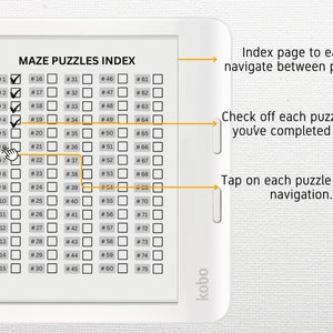 Pu&ograve; includere: Un e-reader Kobo bianco mostra un "MAZE PUZZLES INDEX" con opzioni di puzzle numerate. Le caselle di controllo indicano i puzzle completati. Lo schermo offre una facile navigazione e un modo per spuntare ogni puzzle.