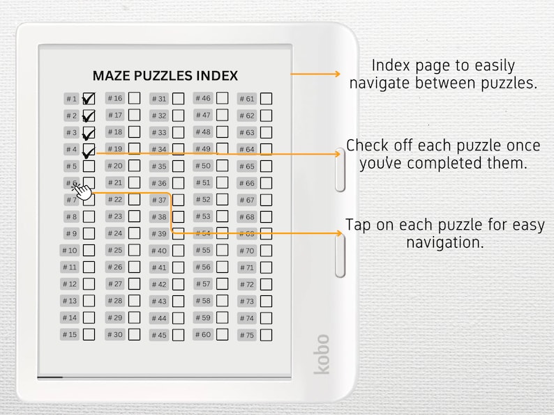 Pu&ograve; includere: Un e-reader Kobo bianco mostra un "MAZE PUZZLES INDEX" con opzioni di puzzle numerate. Le caselle di controllo indicano i puzzle completati. Lo schermo offre una facile navigazione e un modo per spuntare ogni puzzle.