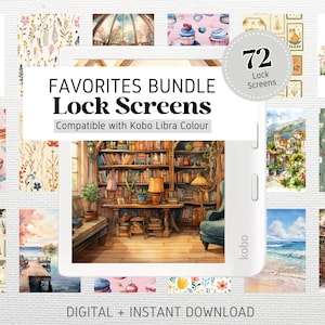 May include: A digital download of 72 lock screen images for the Kobo Libra Colour e-reader. The images feature a variety of themes, including books, nature, and travel. The text "FAVORITES BUNDLE Lock Screens Compatible with Kobo Libra Colour" is displayed on the image.