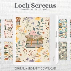 Op de afbeelding: Negen digitale vergrendelingschermdesigns voor de Kobo Libra Colour e-reader. De ontwerpen bevatten verschillende bloemmotieven en illustraties van boeken. De tekst "Lock Screens" en "Compatible with Kobo Libra Colour" wordt bovenaan de afbeelding weergegeven. De tekst "DIGITAL + INSTANT DOWNLOAD" wordt onderaan de afbeelding weergegeven.