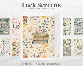 12 Lock Screens for Kobo Libra Colour Kobo Clara Colour Screensavers | Floral Books vol 1 Bundle | Kobo Wallpapers | Digital Download
