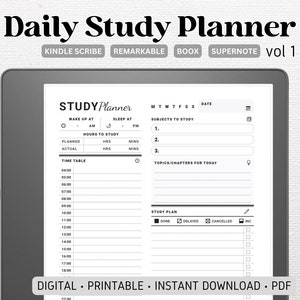 Puede incluir: Un planificador de estudios diario digital en blanco y negro con una tabla de horarios, espacio para las asignaturas a estudiar y una sección de plan de estudios. El planificador está diseñado para su uso con los dispositivos Kindle Scribe, Remarkable, Boox y Supernote. El texto "Daily Study Planner" está en la parte superior de la página, y el texto "DIGITAL - PRINTABLE - INSTANT DOWNLOAD - PDF" está en la parte inferior de la página.