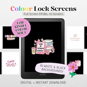 May include: A digital download of Kindle lock screens featuring a variety of designs with pink and white accents. The designs include text such as "I'm a Kindle Girlie", "Bookish Girlie", and "Hot Girl Book Club".