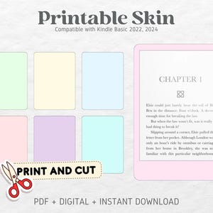 Può includere: Un set di skin stampabili per Kindle Basic 2022 e 2024 con sei modelli rettangolari in verde pastello, giallo, blu, rosa, viola e ciano. Un Kindle rosa mostra il testo del capitolo 1. Include un'icona di forbici rosse e del testo.