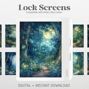 Könnte beinhalten: Ein Satz von acht digitalen Sperrbildschirmbildern für den E-Reader Kobo Libra Colour. Die Bilder zeigen eine fantasievolle Waldszene mit leuchtenden Glühwürmchen, einem Mond und Sternen. Der Text "Lock Screens" und "Compatible with Kobo Libra Colour" wird oben im Bild angezeigt. Der Text "DIGITAL + INSTANT DOWNLOAD" wird unten im Bild angezeigt.