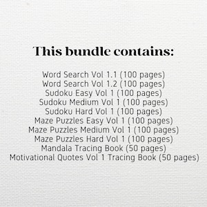 Pu&ograve; includere: Sfondo bianco con testo nero. Il testo recita "This bundle contains:" seguito da un elenco di libri di puzzle, tra cui Word Search, Sudoku, Maze Puzzles, Mandala Tracing Book e Motivational Quotes.