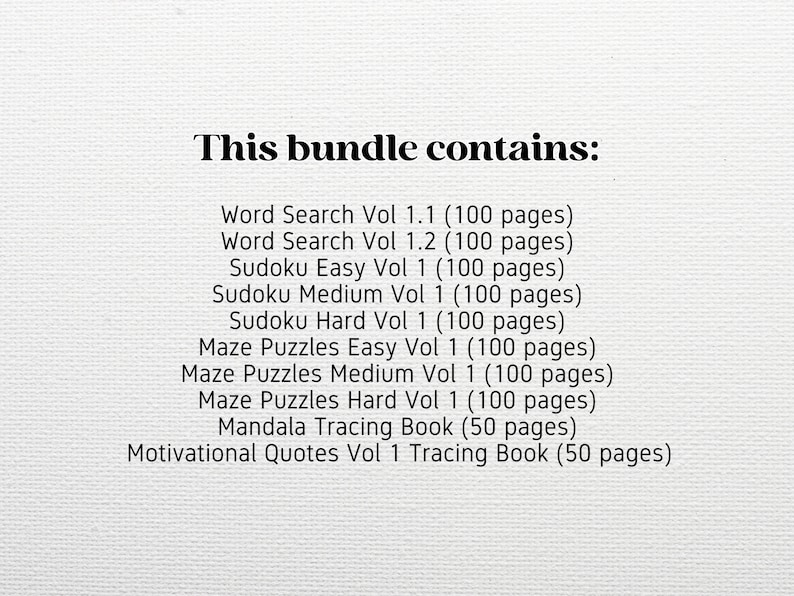 Pu&ograve; includere: Sfondo bianco con testo nero. Il testo recita "This bundle contains:" seguito da un elenco di libri di puzzle, tra cui Word Search, Sudoku, Maze Puzzles, Mandala Tracing Book e Motivational Quotes.