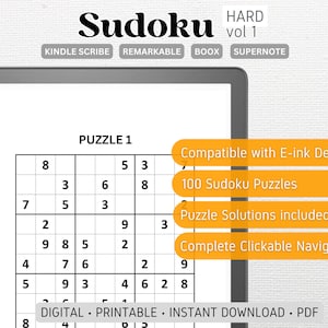 Sudoku Puzzle Compatible with Kindle Scribe, Remarkable, Boox, Supernote | HARD Vol 1 | 100 PUZZLES | Digital Download | Hyperlinked pdf