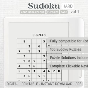 Sudoku Puzzle designed for Kobo Libra Colour, Elipsa 2E, Sage | Vol 1; HARD 100 PUZZLES | Digital Download | Hyperlinked PDF image 1