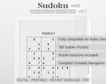 Puzzle Sudoku progettato per Kobo Libra Colour, Elipsa 2E, Sage / Vol 1; 100 PUZZLE DIFFICILI / Download digitale / PDF con collegamento ipertestuale