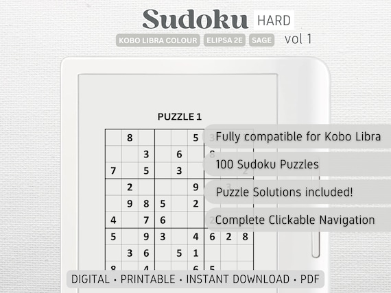 Sudoku Puzzle designed for Kobo Libra Colour, Elipsa 2E, Sage | Vol 1; HARD 100 PUZZLES | Digital Download | Hyperlinked PDF