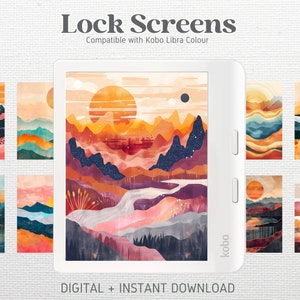 Puede incluir: Un conjunto de ocho pantallas de bloqueo digitales para el lector electrónico Kobo Libra Colour. Las pantallas presentan paisajes abstractos de acuarela con montañas, puestas de sol y un cielo estrellado.