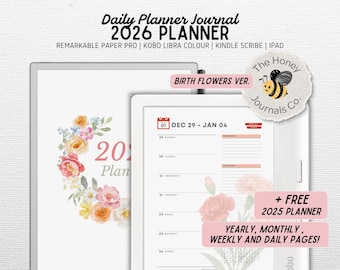 May include: A digital planner for 2026, featuring a floral design and the text "2026 Planner." The planner includes yearly, monthly, weekly, and daily pages. It is compatible with Remarkable Paper Pro, Kobo Libra Colour, Kindle Scribe, and iPad.