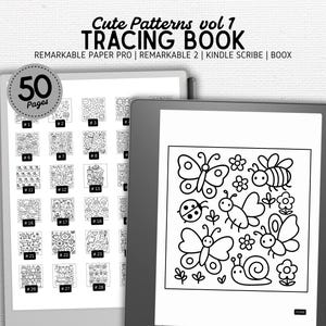 Könnte beinhalten: Ein digitales Malbuch mit dem Titel "Cute Patterns vol 1". Das Buch enthält 50 Seiten mit Mustern, darunter Schmetterlinge, Bienen und Blumen. Es ist für Remarkable Paper Pro, Remarkable 2, Kindle Scribe und Boox konzipiert.