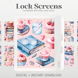 12 Lock Screens for Kobo Libra Colour Kobo Clara Colour Screensavers | Books and Desserts vol 1 Bundle | Kobo Wallpapers | Digital Download