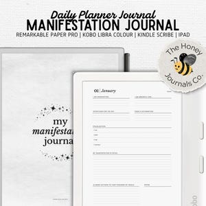 Könnte beinhalten: Ein digitales Manifestationsjournal auf einem Tablet, mit täglichen Planungsseiten. Das Journal enthält Aufforderungen für Absichten, Visualisierungen und Notizen. Der Text "Daily Planner Journal MANIFESTATION JOURNAL" steht oben.