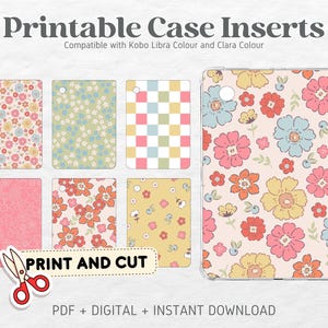 Könnte beinhalten: Druckbare Etui-Einsätze für Kobo Libra Colour und Clara Colour E-Reader. Die Einsätze zeigen verschiedene florale Muster in Rosa, Blau, Gelb und Grün.
