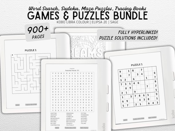 Games and Puzzles Bundle Vol 1 | Word Search, Sudoku, Maze Puzzles, Tracing Books | For Kobo Libra Colour, Elipsa 2E, Sage | Digital