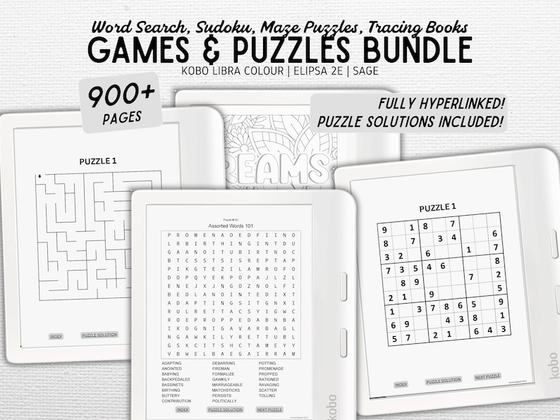 Pu&ograve; includere: Un pacchetto di libri di puzzle digitali visualizzati su e-reader. Gli schermi mostrano cruciverba, labirinti e puzzle Sudoku. Il testo in alto recita "GAMES & PUZZLES BUNDLE" e "900+ PAGES". Gli e-reader sono bianchi con testo nero.