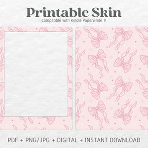 May include: Printable skin for a Kindle Paperwhite 11 e-reader. The skin features a pink background with a white outline of a bow and ribbon pattern. The skin is compatible with the Kindle Paperwhite 11.