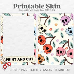 Kindle Basic 2022 Naklejki na obudowę | Pastel Cherry Skulls | Wydrukowana skórka | CYFROWE POBIERANIE PNG
