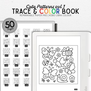 May include: A digital trace and color book titled "Cute Patterns vol 1". The image shows a tablet displaying a page with a butterfly, bee, and flower design. The book includes 50 pages of patterns for coloring.
