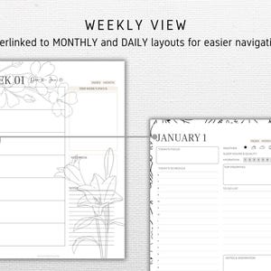K&ouml;nnte beinhalten: Ein Wochenplaner mit floralem Design. Der Planer enth&auml;lt eine Wochenansicht, eine Tagesansicht und eine Monatsansicht. Der Planer ist mit Monats- und Tageslayouts verlinkt, um die Navigation zu vereinfachen.