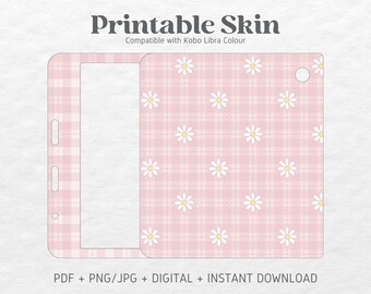 Kobo Libra Colour Skin Decal Case Inserts | Pink Checkered Daisy | Printable Skin | DIGITAL DOWNLOAD PNG