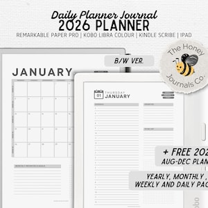 May include: A digital planner journal for 2026, with calendar and daily pages. The image includes the text "Daily Planner Journal 2026 Planner" and "Yearly, Monthly, Weekly and Daily Pages!" with a bee logo. Includes a free 2025 planner.