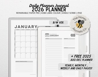 Può includere: Un diario di pianificazione digitale per il 2026, con calendario e pagine giornaliere. L'immagine include il testo "Daily Planner Journal 2026 Planner" e "Yearly, Monthly, Weekly and Daily Pages!" con un logo a forma di ape. Include un planner gratuito 2025.