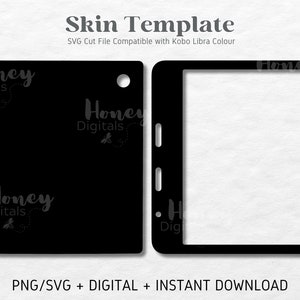 May include: Black and white template for a Kobo Libra Colour e-reader skin. The template includes cut lines for the screen, buttons, and charging port. The text "Honey Digitals" appears on the template.