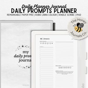Könnte beinhalten: Ein digitales tägliches Planer-Journal mit dem Text "Daily Prompts Planner" und "my daily prompts journal". Der Planer enthält Abschnitte für Wetter, Zeitplan, Stimmung und tägliche Eingabeaufforderungen. Das Logo von The Honey Journals Co. ist ebenfalls sichtbar.