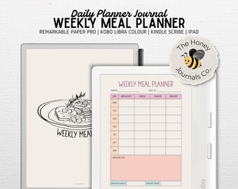 May include: A digital weekly meal planner displayed on a tablet. The planner features a grid for daily meal planning, with sections for breakfast, lunch, dinner, and snacks. The text "Weekly Meal Planner" is at the top, with the logo of "The Honey Journals Co."