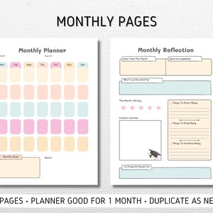 May include: Printable monthly planner and reflection pages with pastel colors and a graduation cap illustration. The planner includes sections for daily tasks, monthly goals, and notes. The reflection page includes sections for rating the month, things to start, stop, and continue doing, and lessons learned.