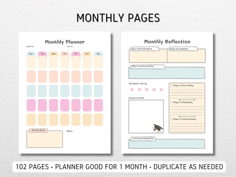 May include: Printable monthly planner and reflection pages with pastel colors and a graduation cap illustration. The planner includes sections for daily tasks, monthly goals, and notes. The reflection page includes sections for rating the month, things to start, stop, and continue doing, and lessons learned.