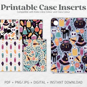 May include: Printable case inserts for the Kobo Libra Colour and Clara Colour e-readers. The inserts feature a variety of whimsical designs with black cats, crystals, potions, and butterflies in a purple, blue, and green color scheme.