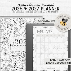 May include: A digital daily planner journal for Remarkable 2 and Kindle Scribe e-ink tablets. The planner features a black and white floral design, including yearly, monthly, weekly, and daily pages with the text 2026 + 2027 PLANNER.