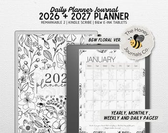 May include: A digital daily planner journal for Remarkable 2 and Kindle Scribe e-ink tablets. The planner features a black and white floral design, including yearly, monthly, weekly, and daily pages with the text 2026 + 2027 PLANNER.